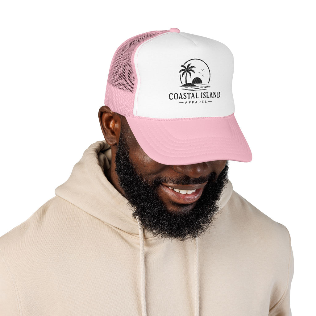 Coastal Island palm sunset Foam Trucker Hat | beach logo cap