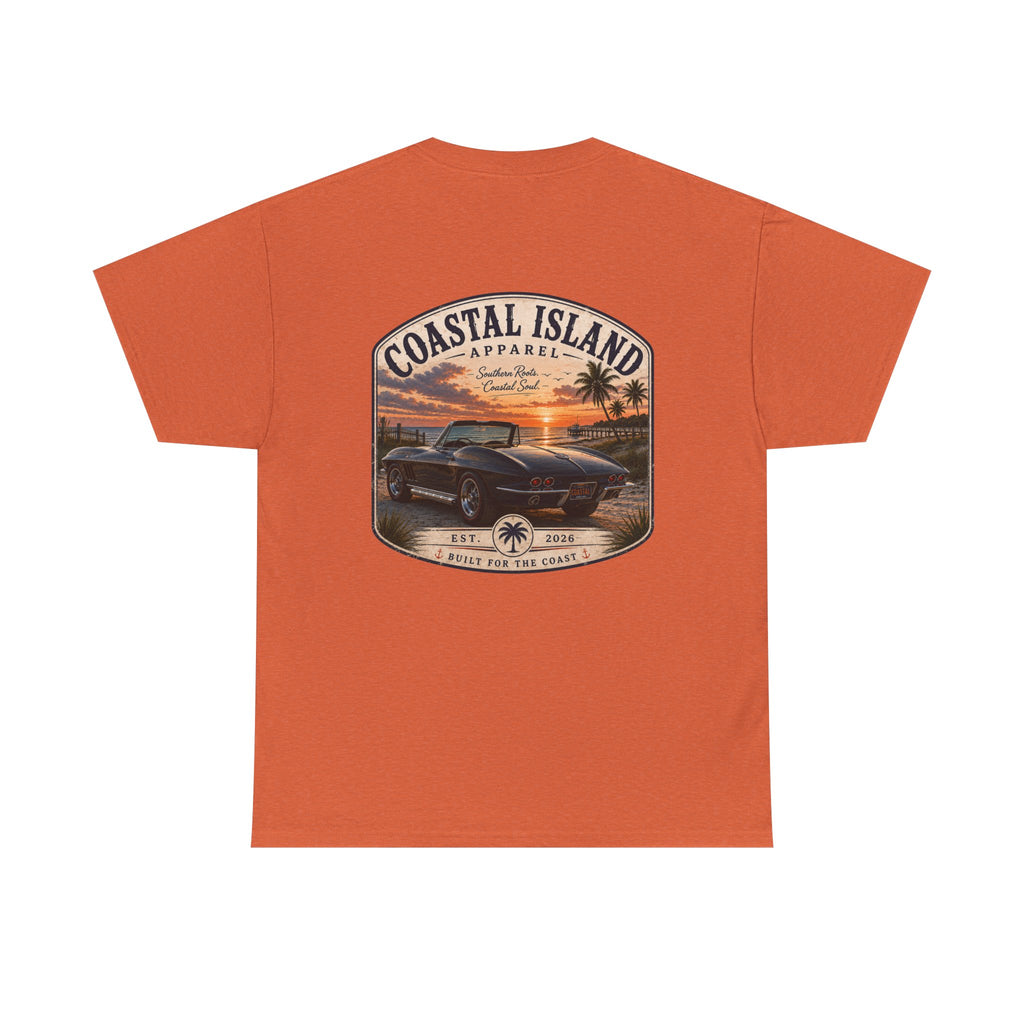 Coastal Island Vintage Car Sunset T-Shirt | Beach Palm Graphic Tee