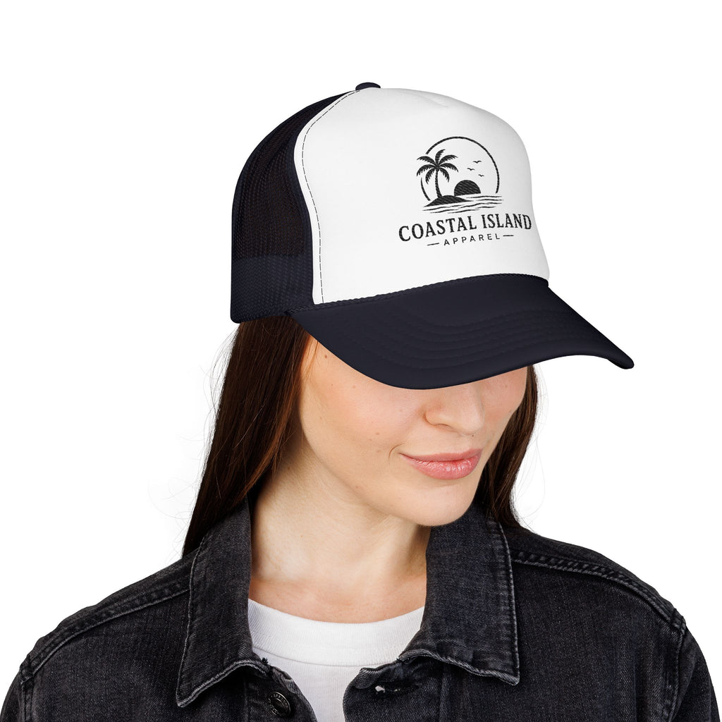 Coastal Island palm sunset Foam Trucker Hat | beach logo cap