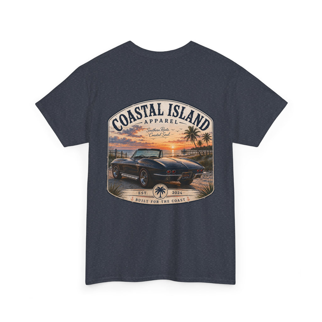 Coastal Island Vintage Car Sunset T-Shirt | Beach Palm Graphic Tee