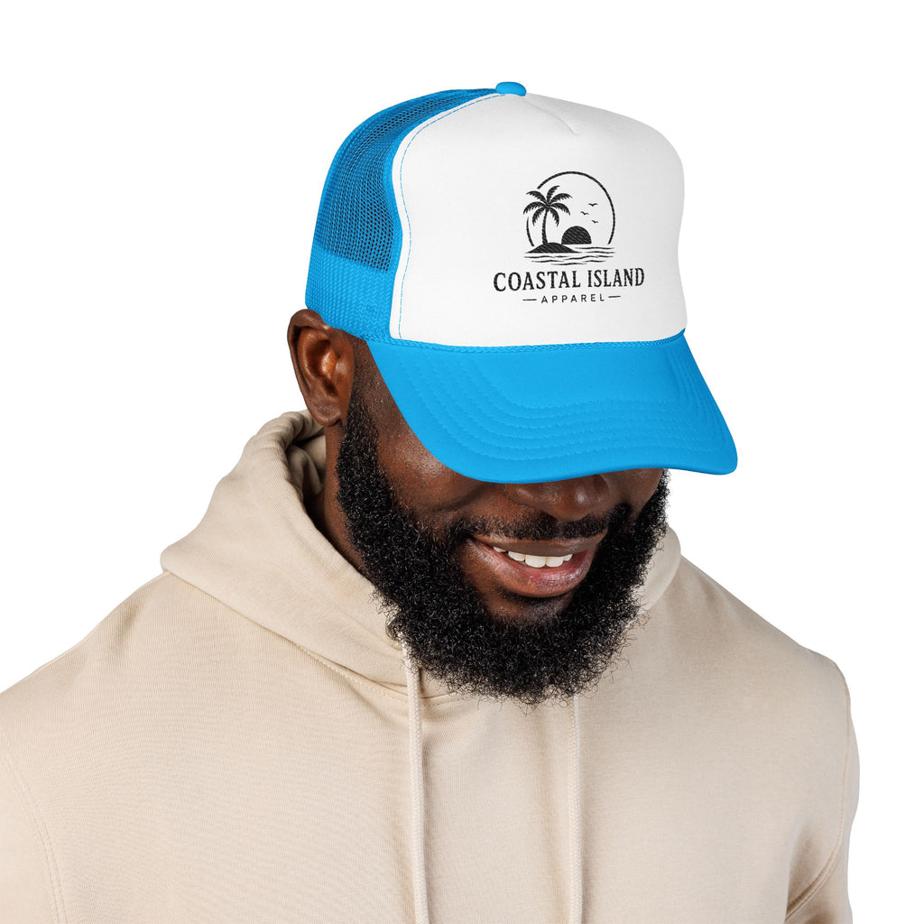 Coastal Island palm sunset Foam Trucker Hat | beach logo cap