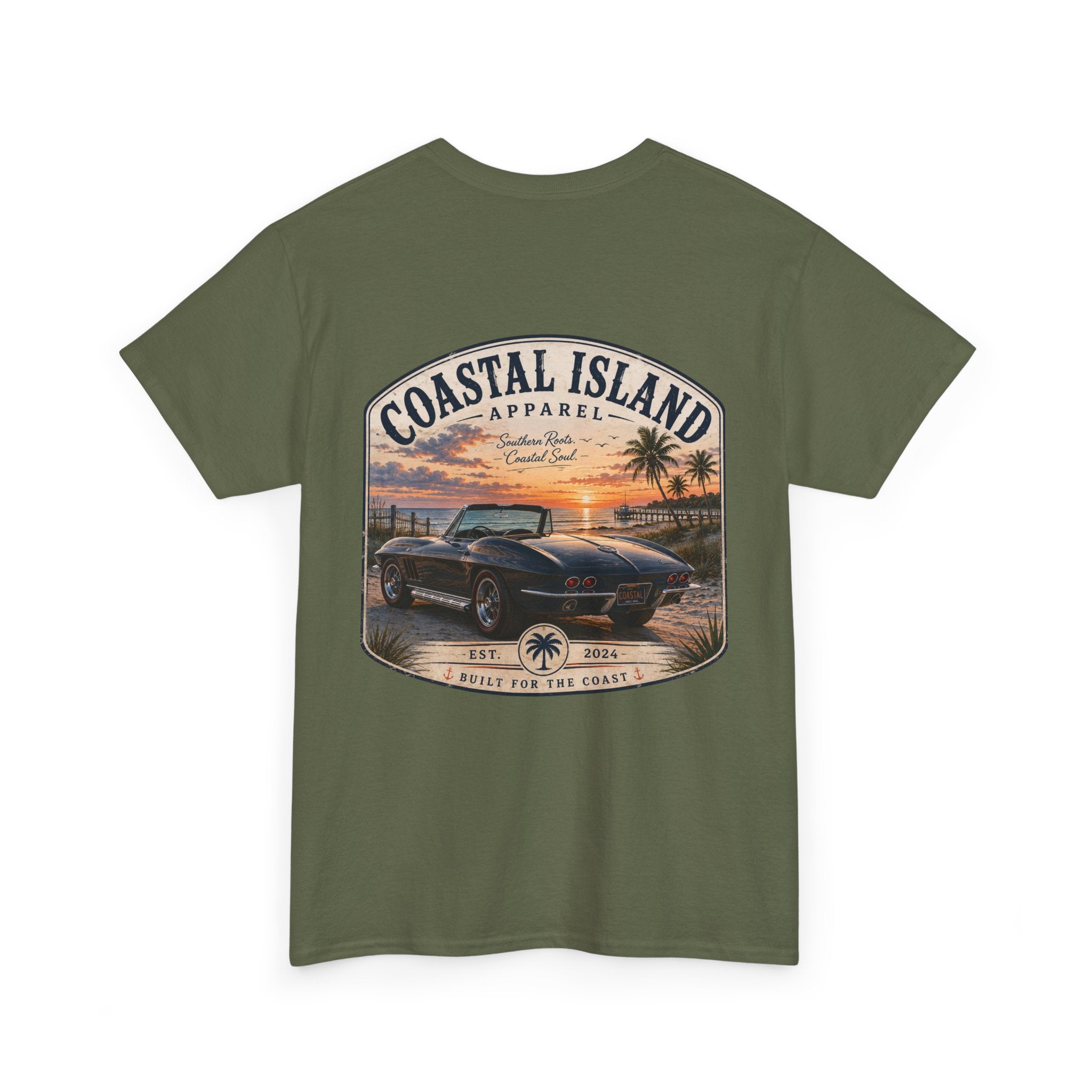 Coastal Island Vintage Car Sunset T-Shirt | Beach Palm Graphic Tee