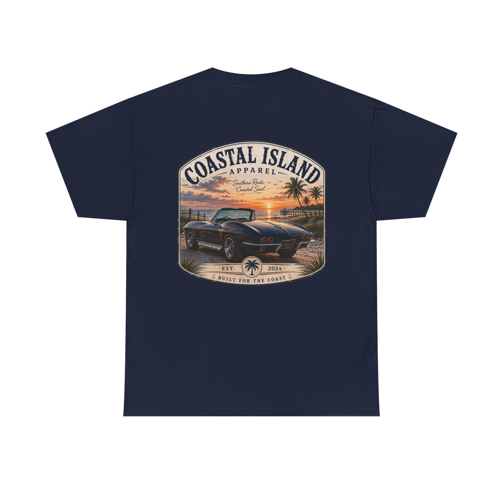 Coastal Island Vintage Car Sunset T-Shirt | Beach Palm Graphic Tee