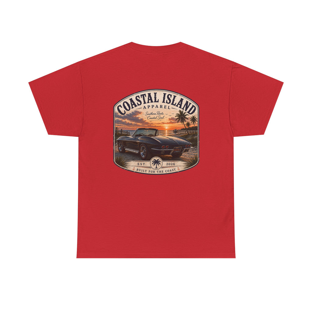 Coastal Island Vintage Car Sunset T-Shirt | Beach Palm Graphic Tee