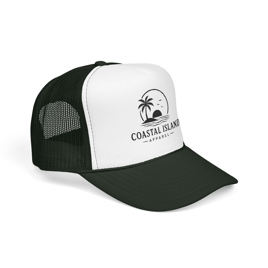 Coastal Island palm sunset Foam Trucker Hat | beach logo cap