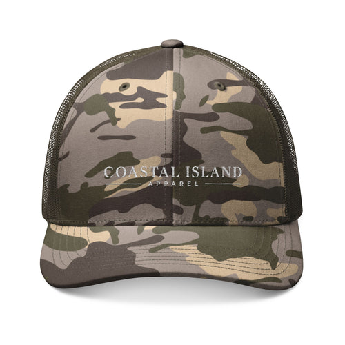 Camo Trucker Hat — Embroidered "Coastal Island" Mesh Back Cap