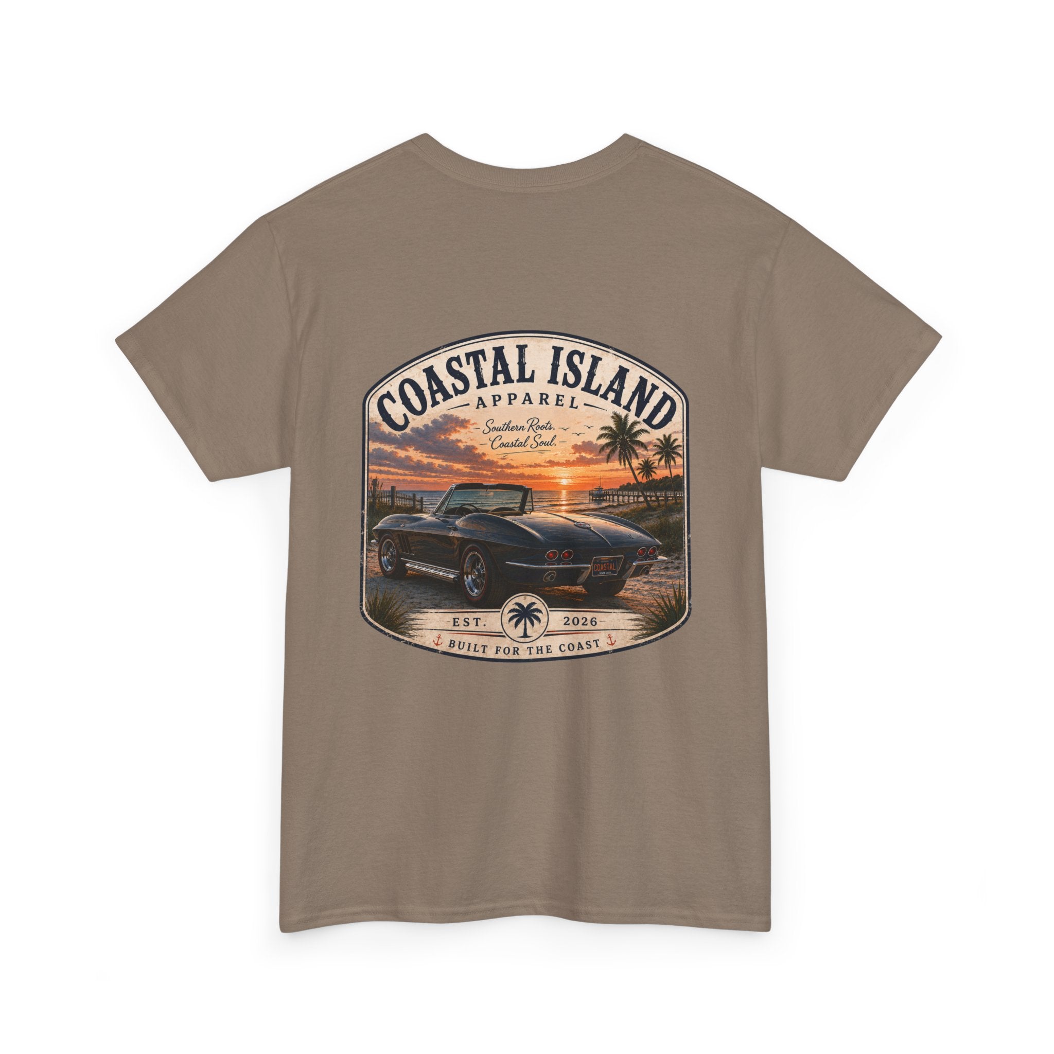 Coastal Island Vintage Car Sunset T-Shirt | Beach Palm Graphic Tee