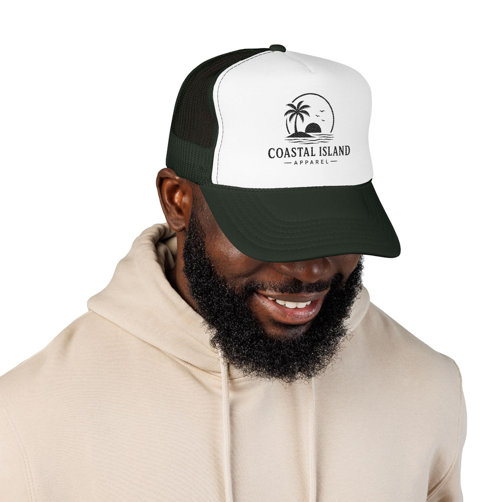 Coastal Island palm sunset Foam Trucker Hat | beach logo cap