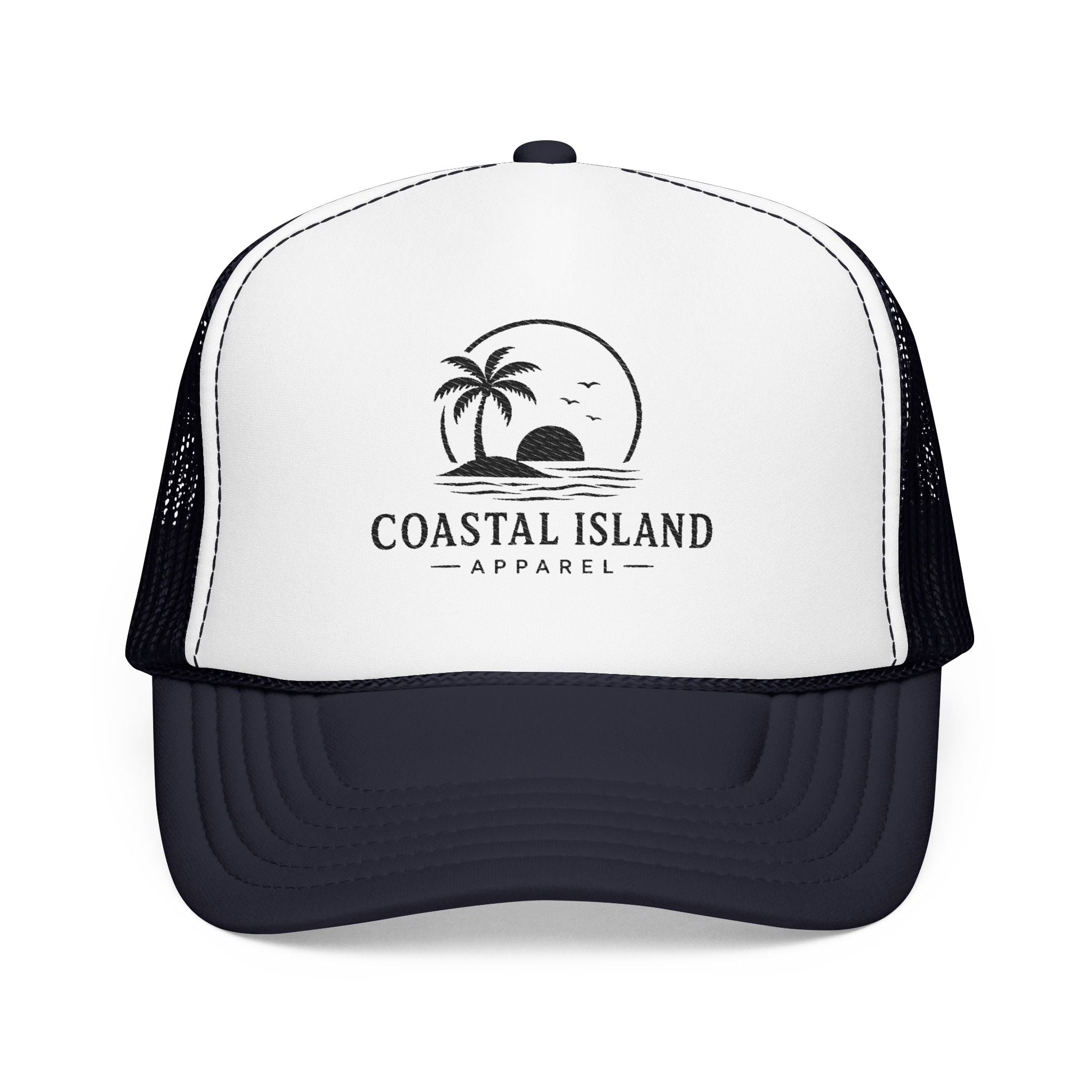 Coastal Island palm sunset Foam Trucker Hat | beach logo cap