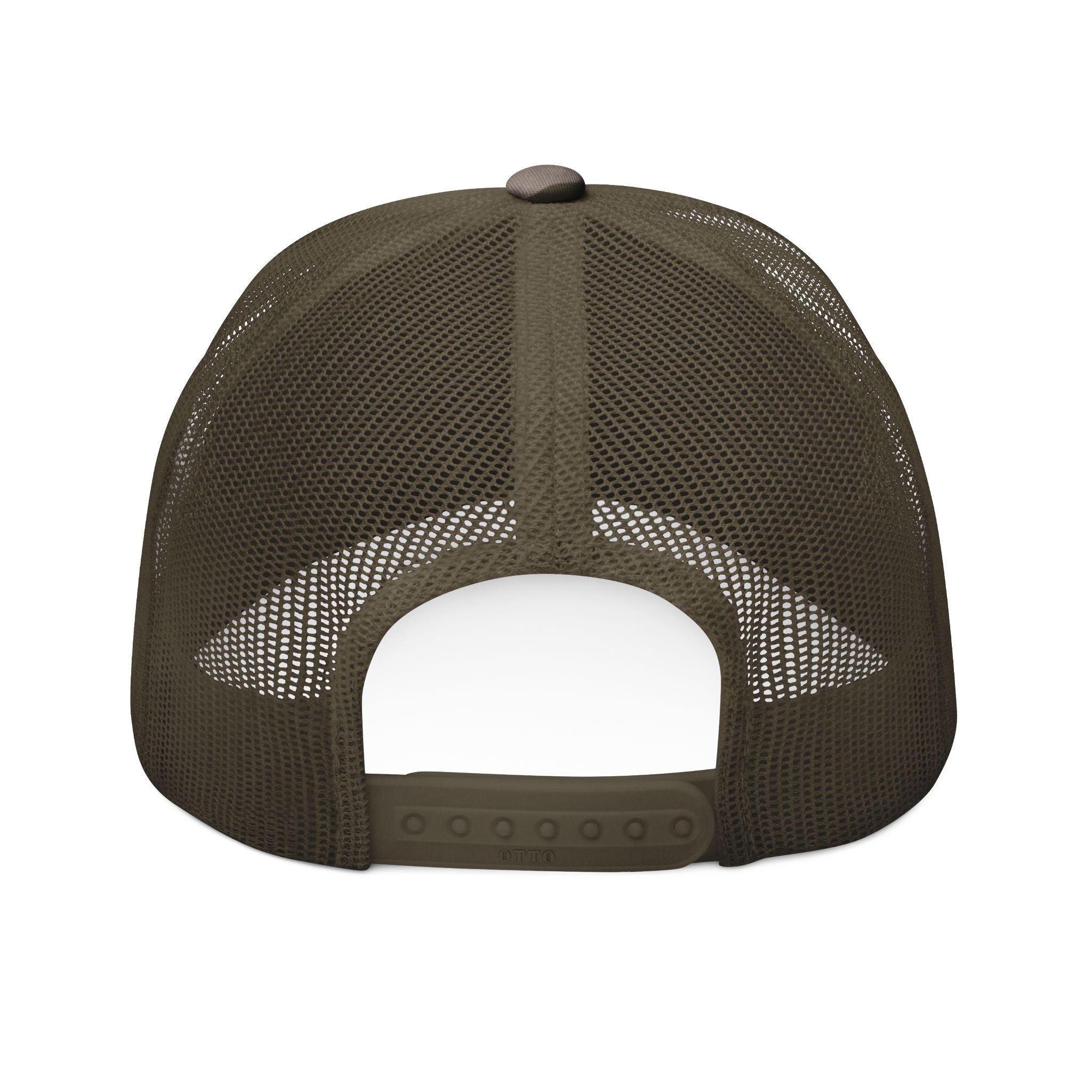 Camo Trucker Hat — Embroidered "Coastal Island" Mesh Back Cap