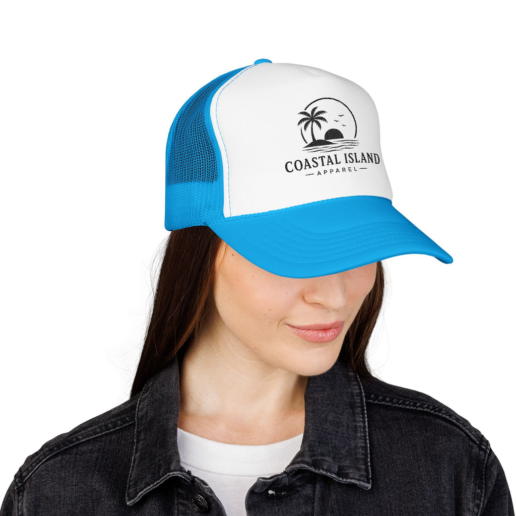 Coastal Island palm sunset Foam Trucker Hat | beach logo cap