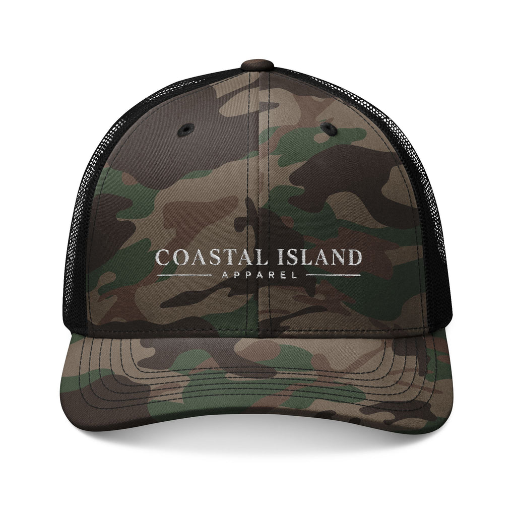 Camo Trucker Hat — Embroidered "Coastal Island" Mesh Back Cap