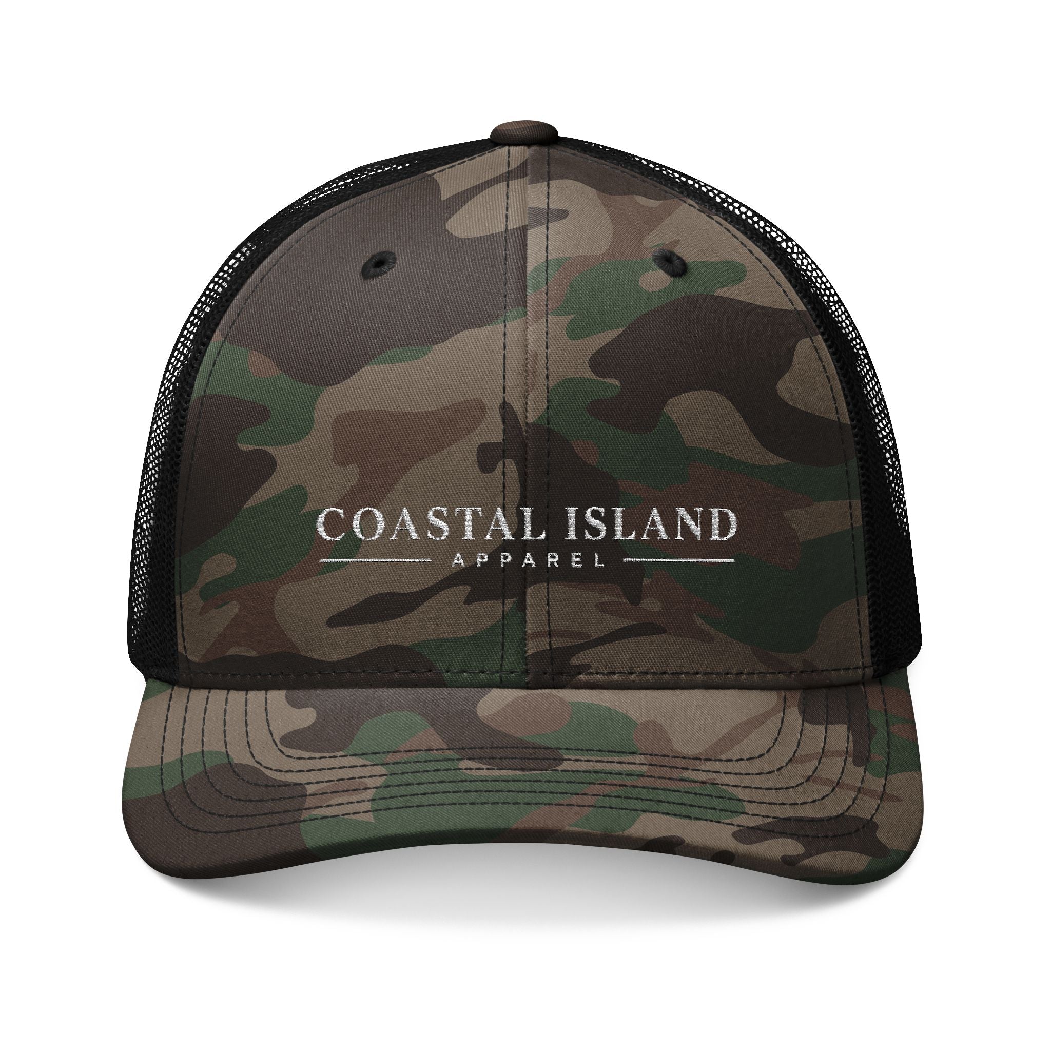 Camo Trucker Hat — Embroidered "Coastal Island" Mesh Back Cap