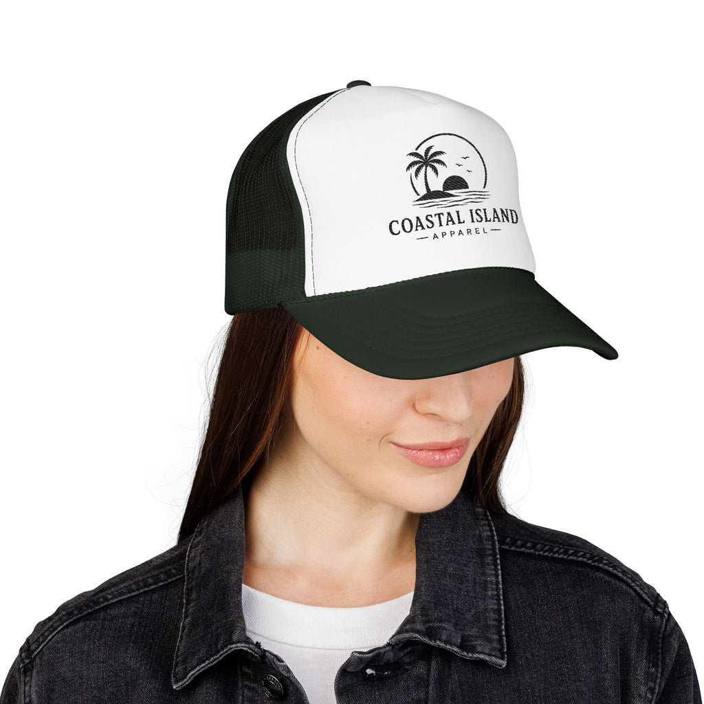 Coastal Island palm sunset Foam Trucker Hat | beach logo cap