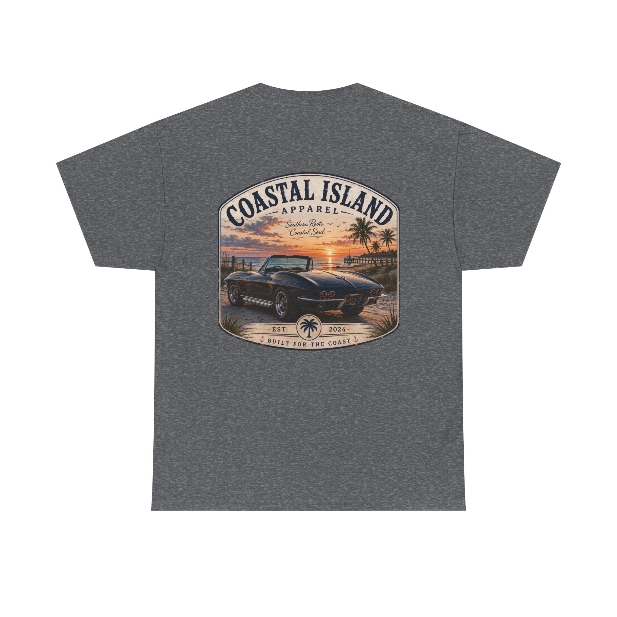 Coastal Island Vintage Car Sunset T-Shirt | Beach Palm Graphic Tee