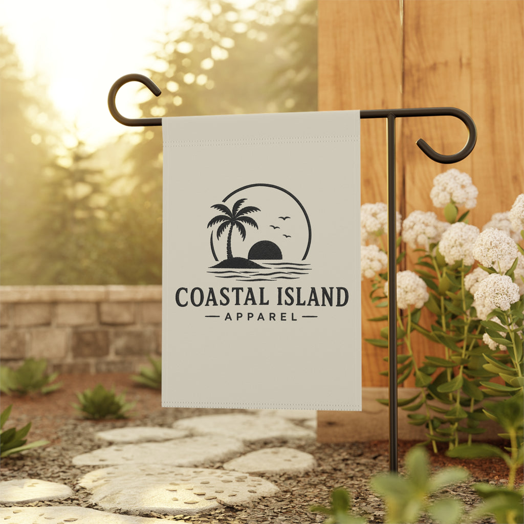 Coastal Island Garden Flag — Tropical Palm Sunset Yard Banner