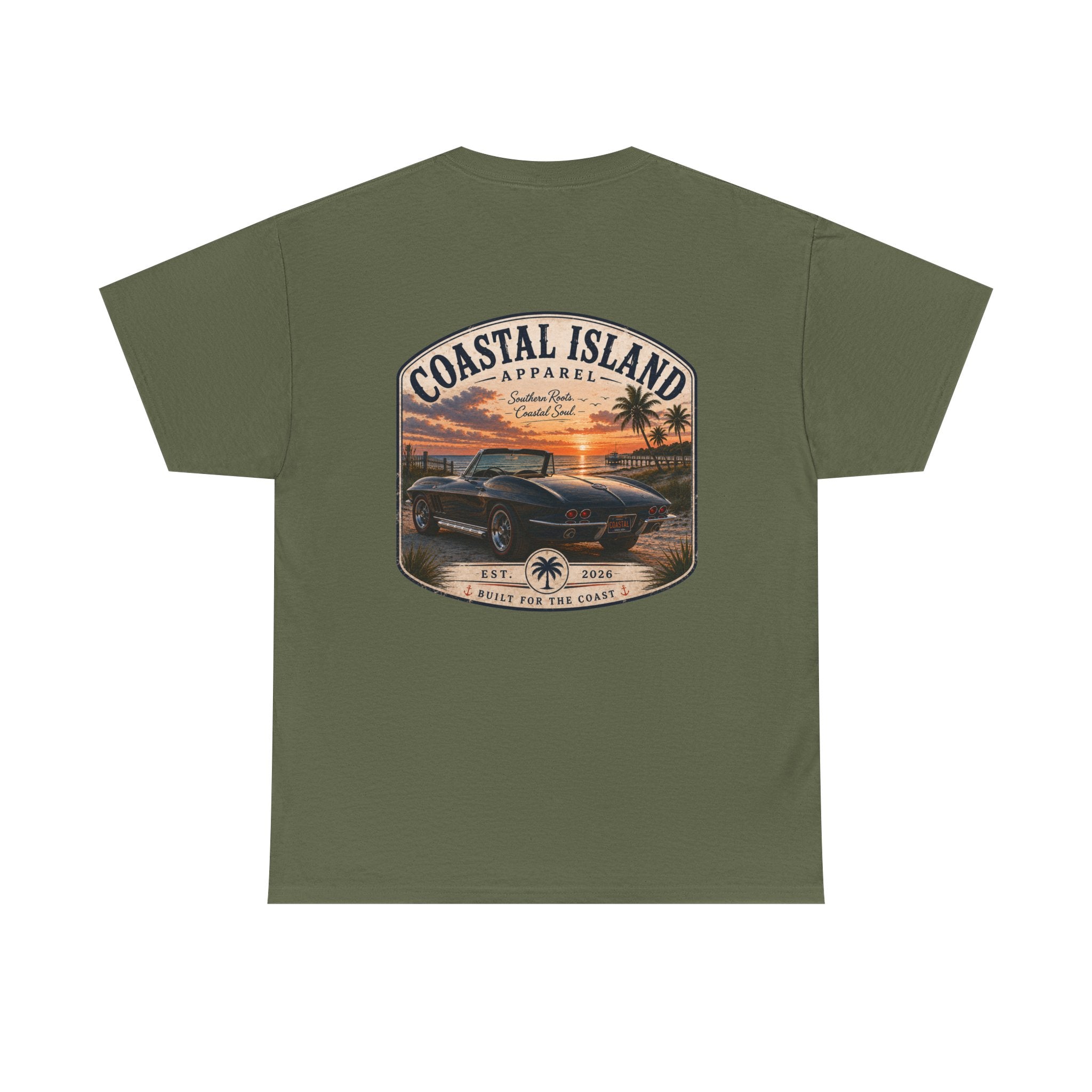 Coastal Island Vintage Car Sunset T-Shirt | Beach Palm Graphic Tee