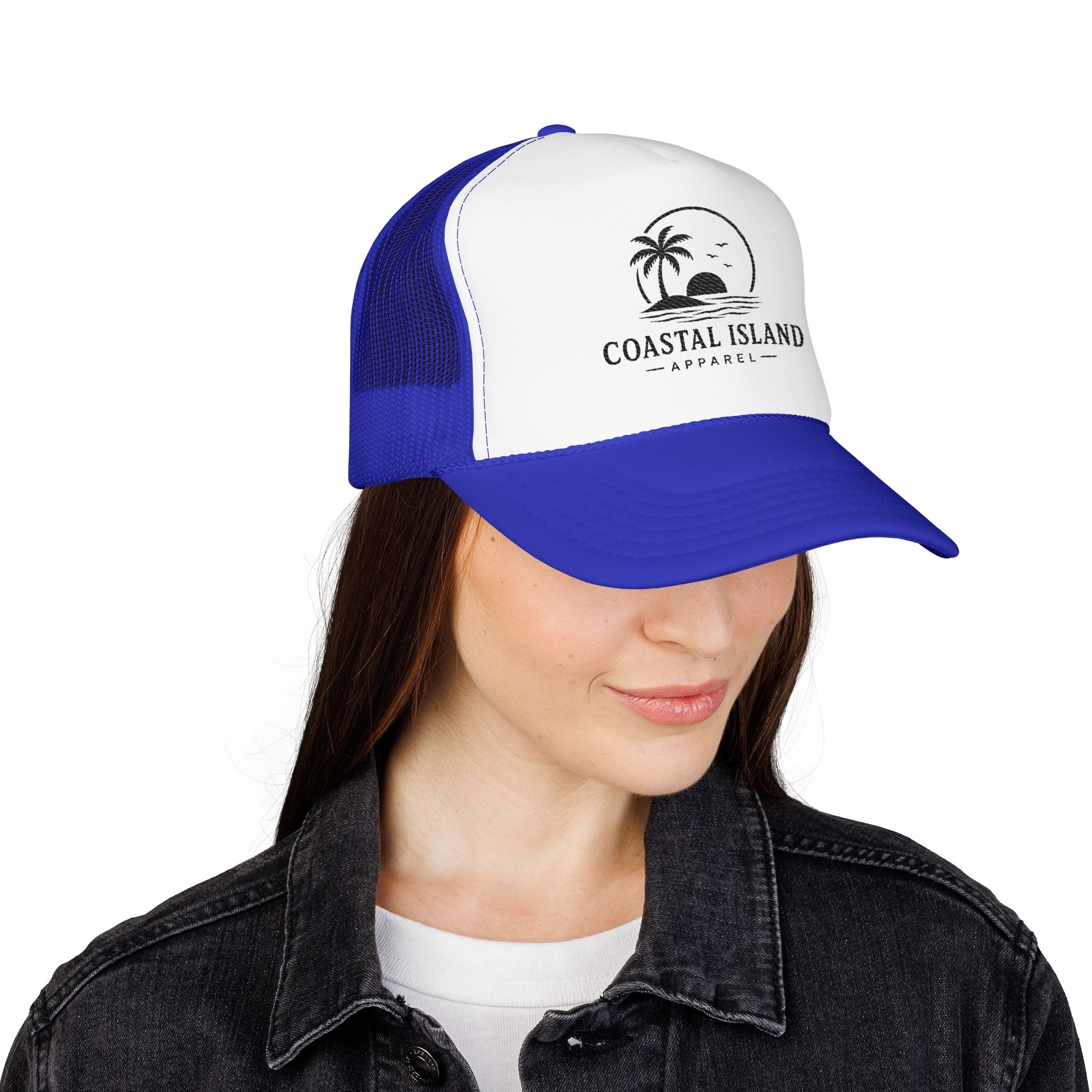 Coastal Island palm sunset Foam Trucker Hat | beach logo cap