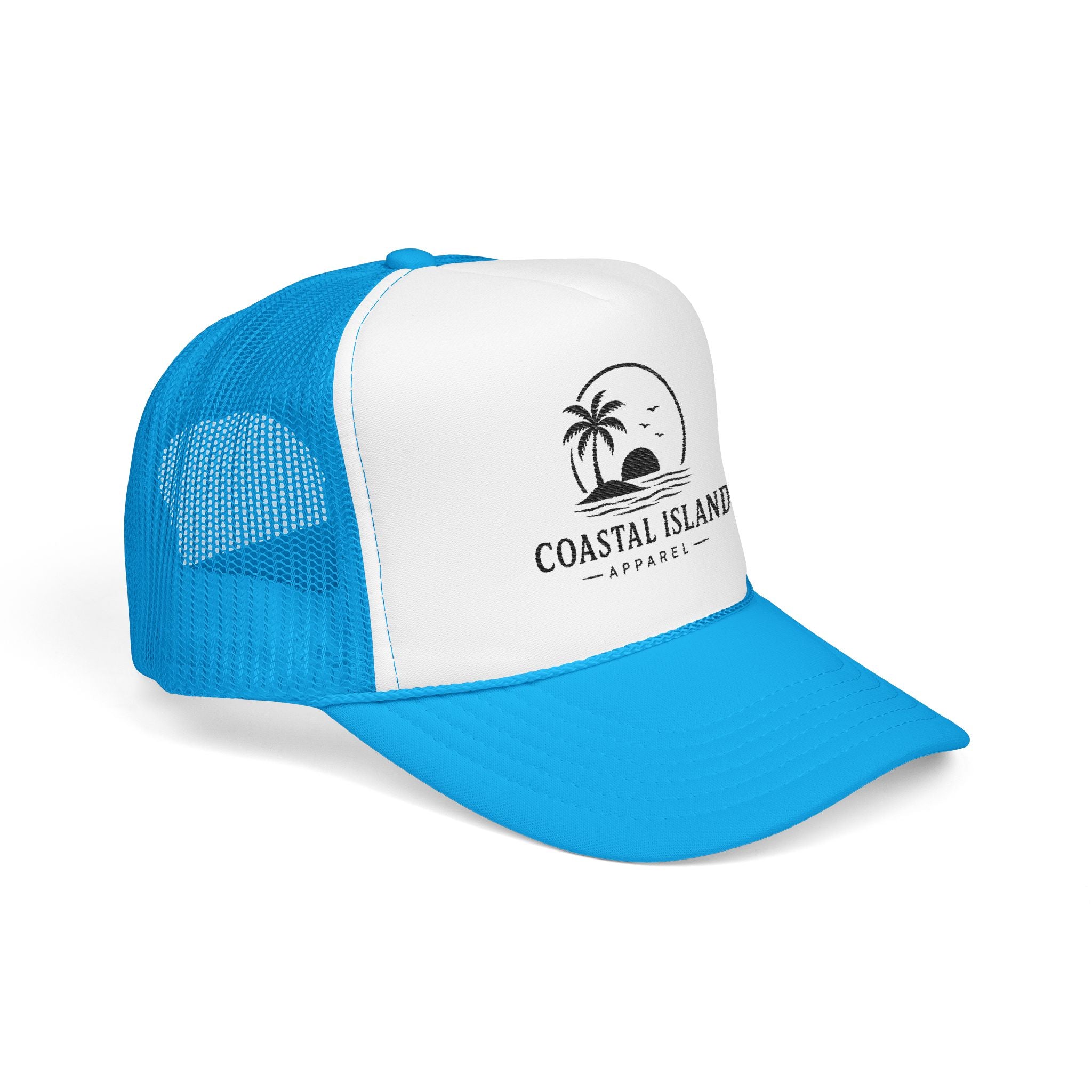 Coastal Island palm sunset Foam Trucker Hat | beach logo cap