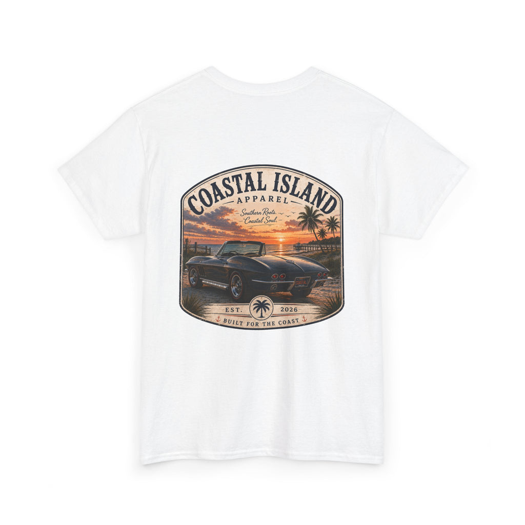 Coastal Island Vintage Car Sunset T-Shirt | Beach Palm Graphic Tee