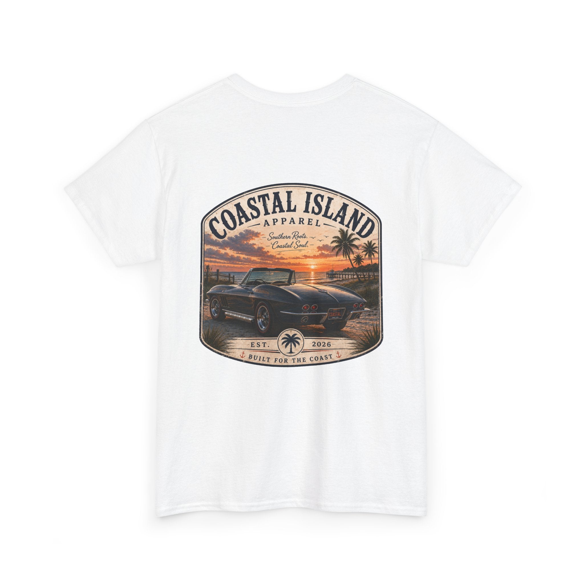Coastal Island Vintage Car Sunset T-Shirt | Beach Palm Graphic Tee