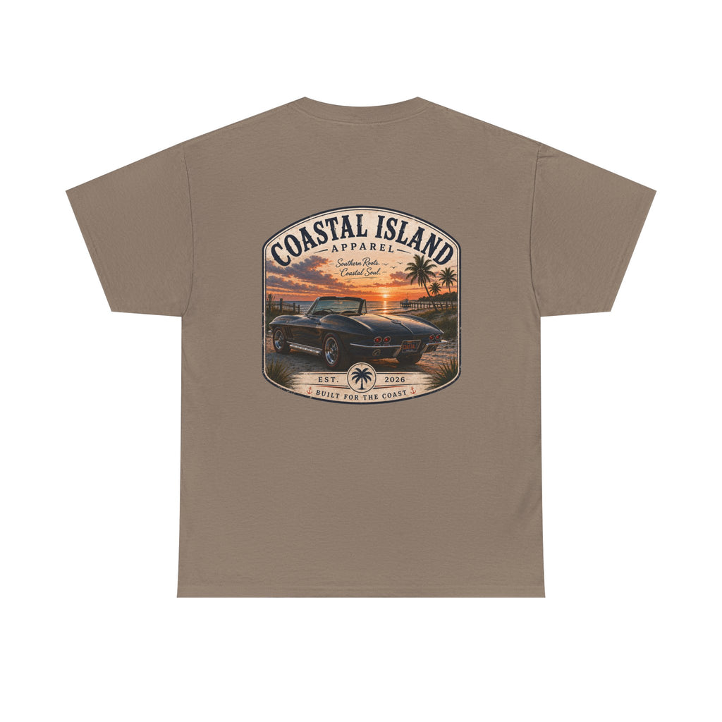 Coastal Island Vintage Car Sunset T-Shirt | Beach Palm Graphic Tee