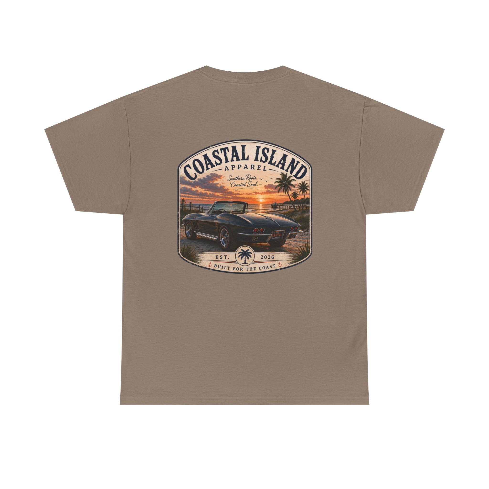 Coastal Island Vintage Car Sunset T-Shirt | Beach Palm Graphic Tee