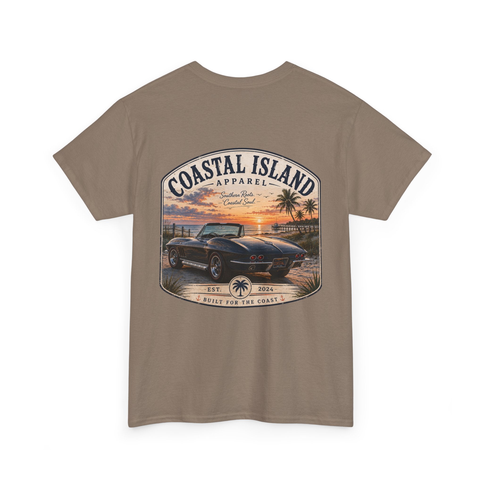 Coastal Island Vintage Car Sunset T-Shirt | Beach Palm Graphic Tee