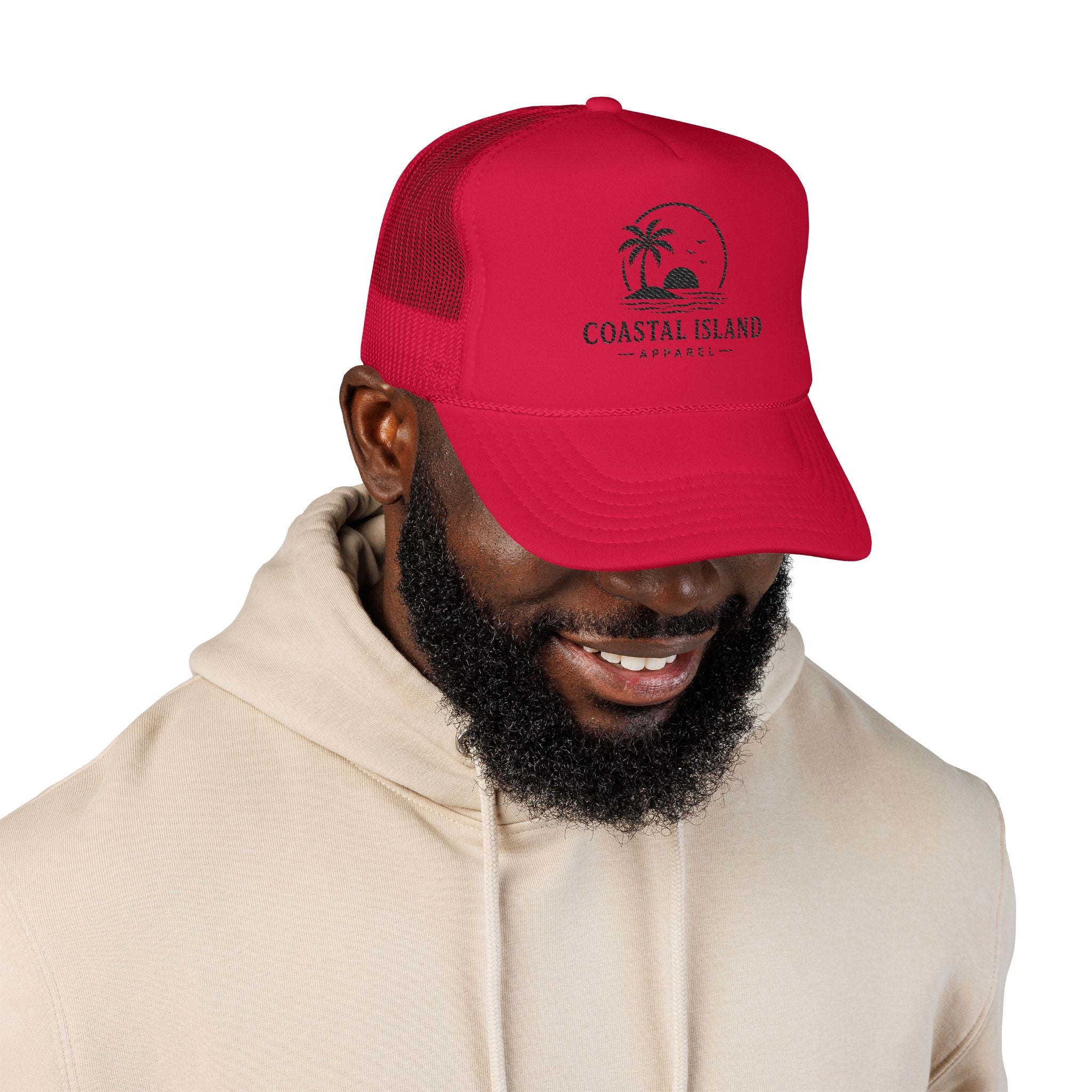 Coastal Island palm sunset Foam Trucker Hat | beach logo cap