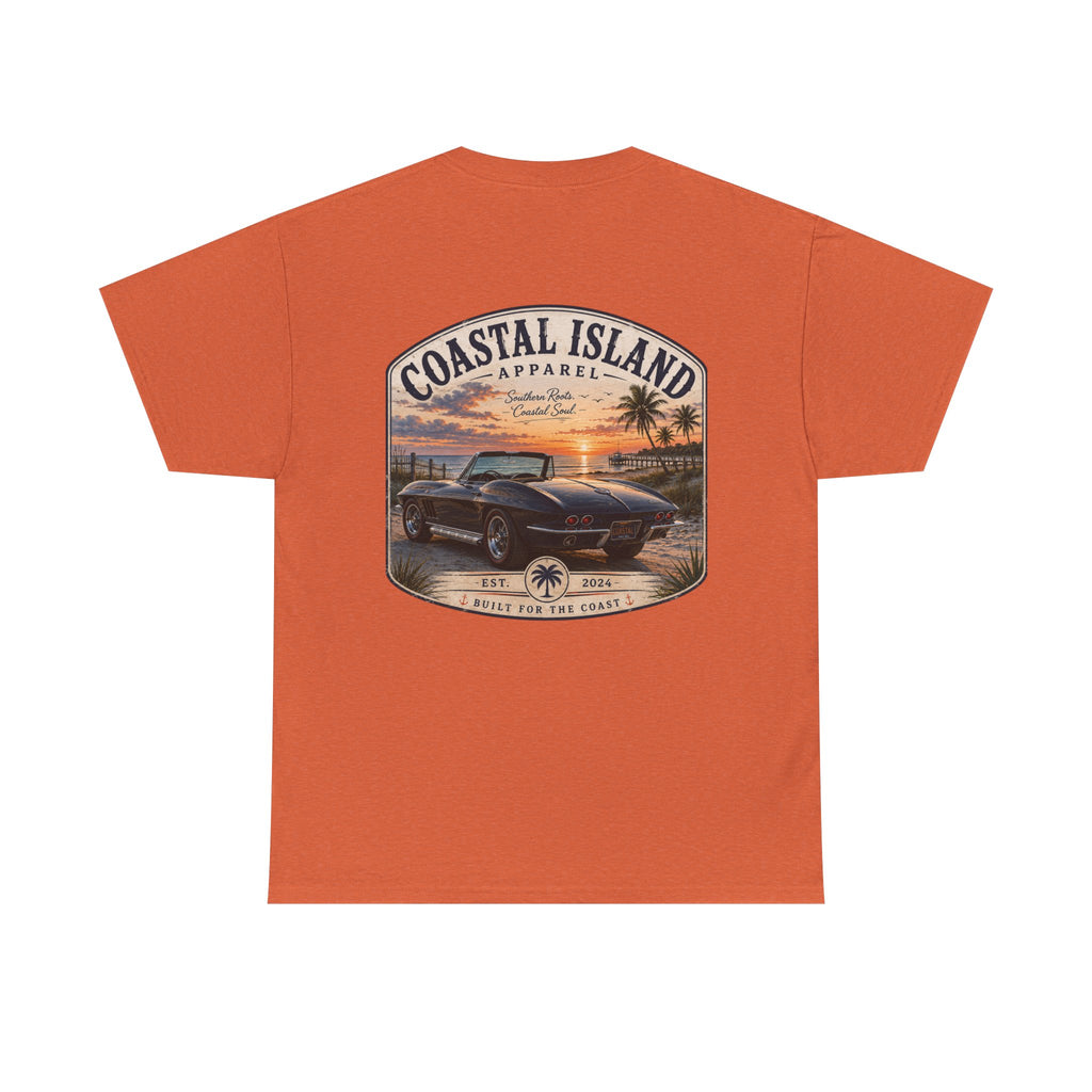 Coastal Island Vintage Car Sunset T-Shirt | Beach Palm Graphic Tee