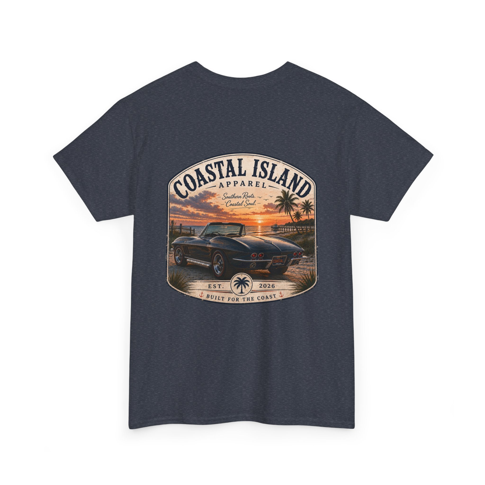Coastal Island Vintage Car Sunset T-Shirt | Beach Palm Graphic Tee