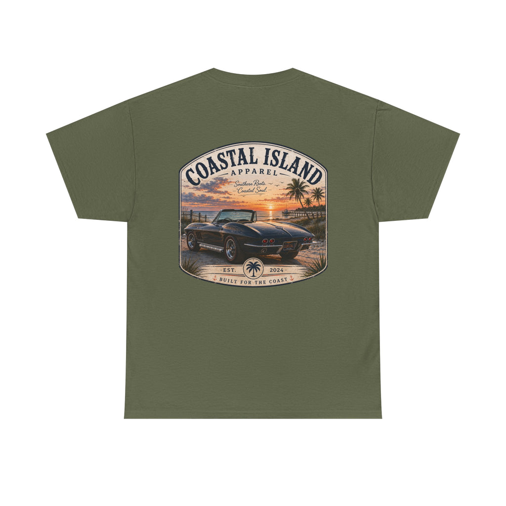 Coastal Island Vintage Car Sunset T-Shirt | Beach Palm Graphic Tee
