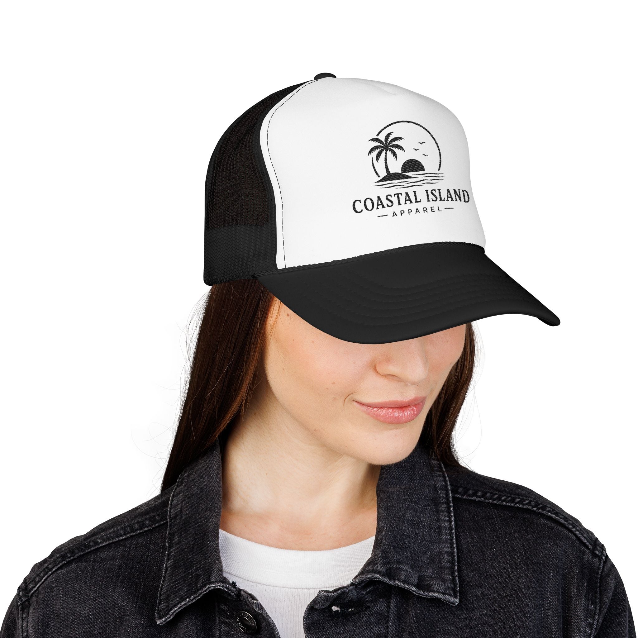 Coastal Island palm sunset Foam Trucker Hat | beach logo cap