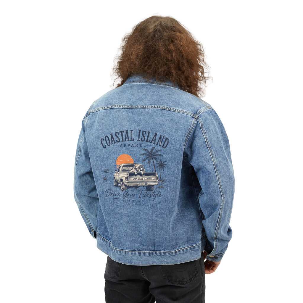 Coastal Island Denim Jacket — Vintage Car & Palm Beach Graphic