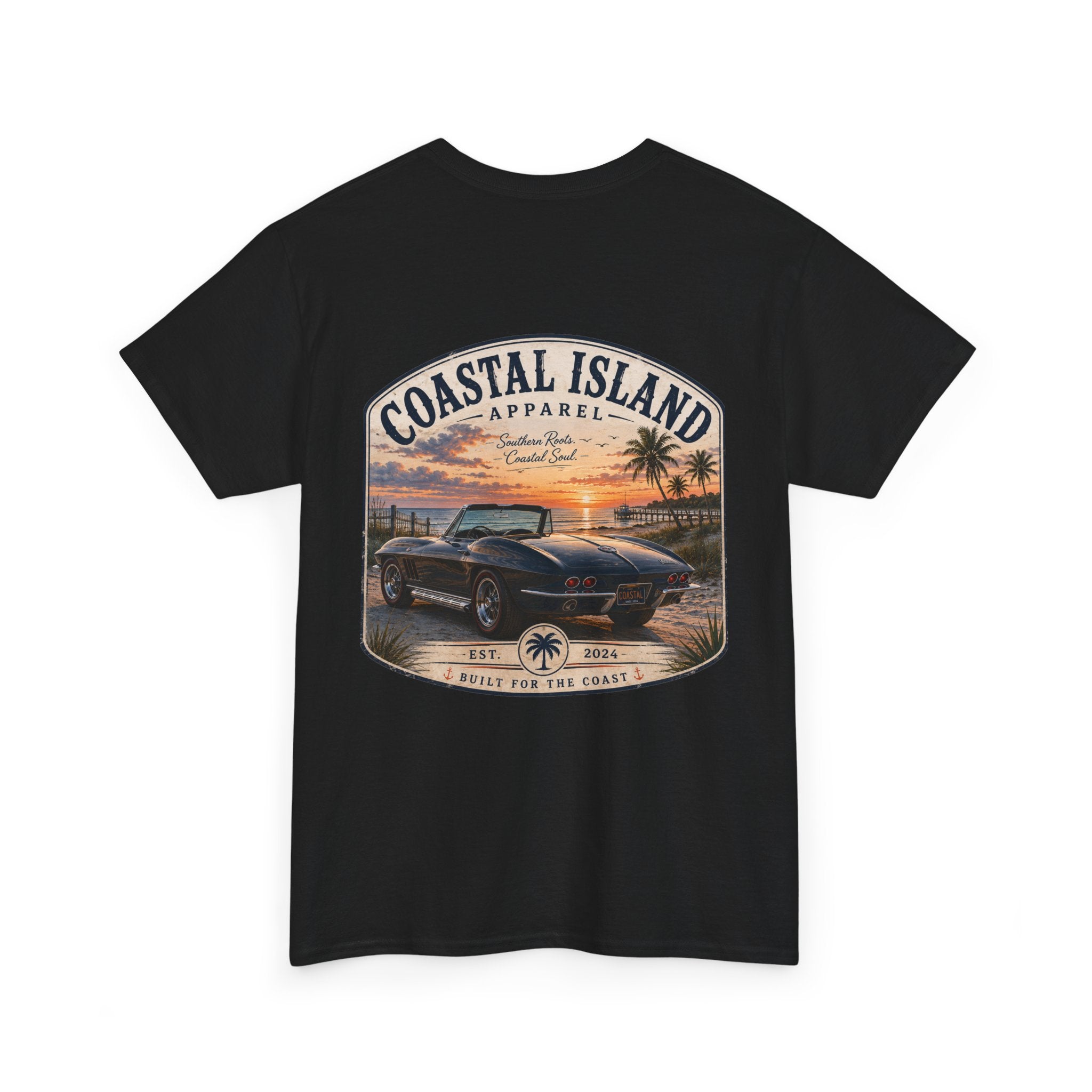 Coastal Island Vintage Car Sunset T-Shirt | Beach Palm Graphic Tee