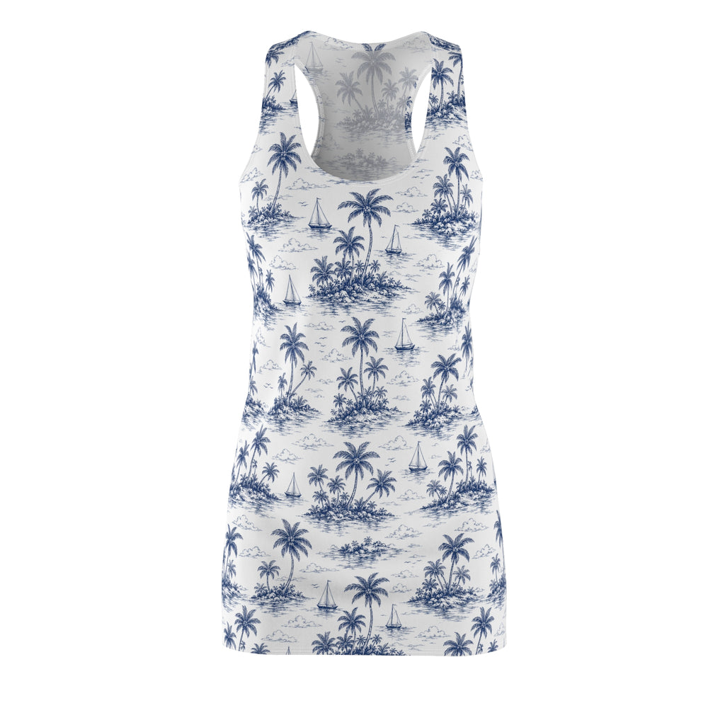 Tropical Palm Racerback Dress — Blue Island Print Sun Dress