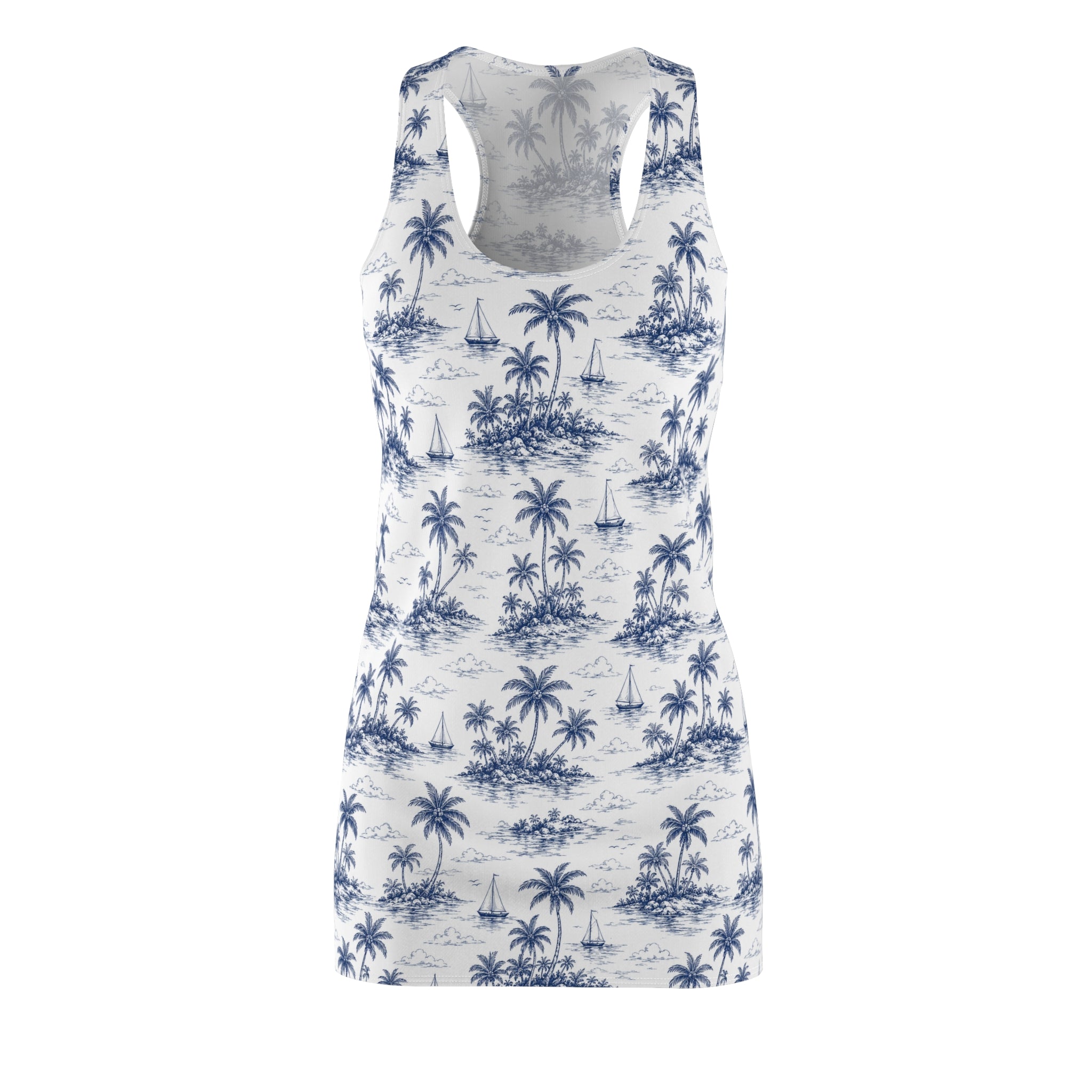 Tropical Palm Racerback Dress — Blue Island Print Sun Dress