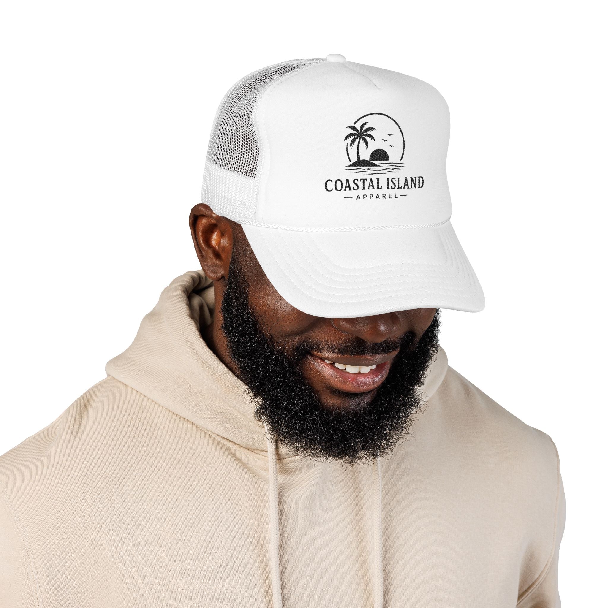 Coastal Island palm sunset Foam Trucker Hat | beach logo cap