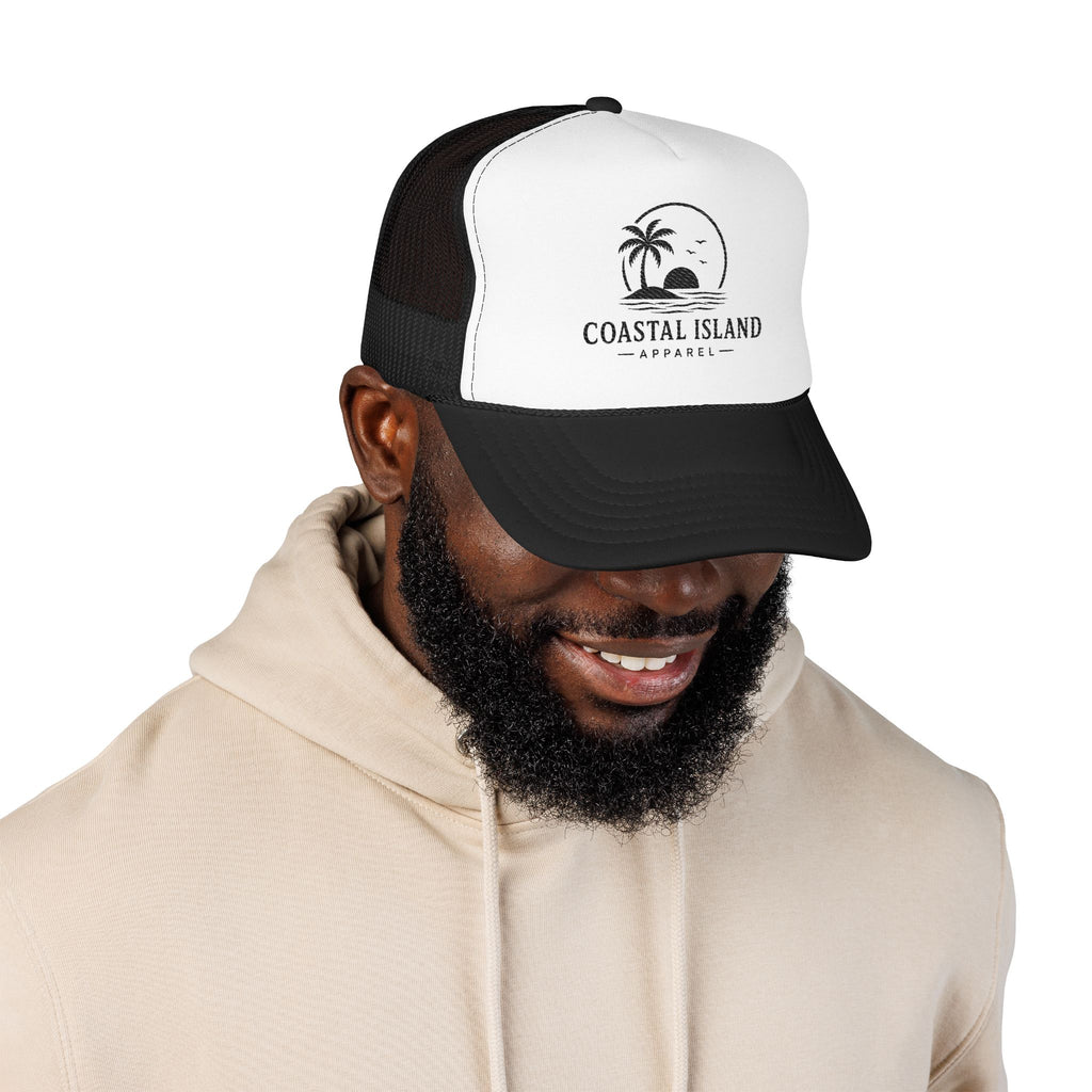 Coastal Island palm sunset Foam Trucker Hat | beach logo cap
