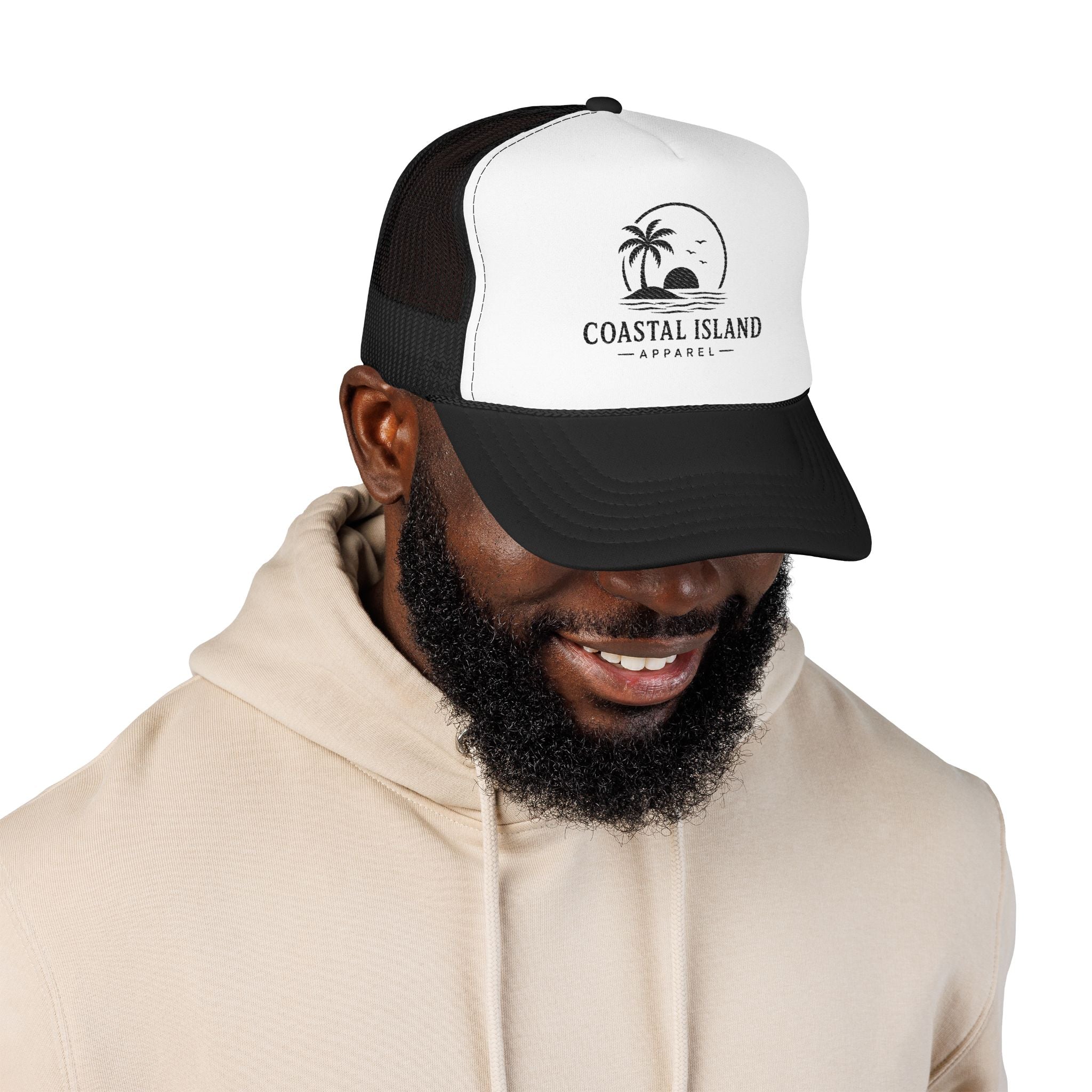 Coastal Island palm sunset Foam Trucker Hat | beach logo cap