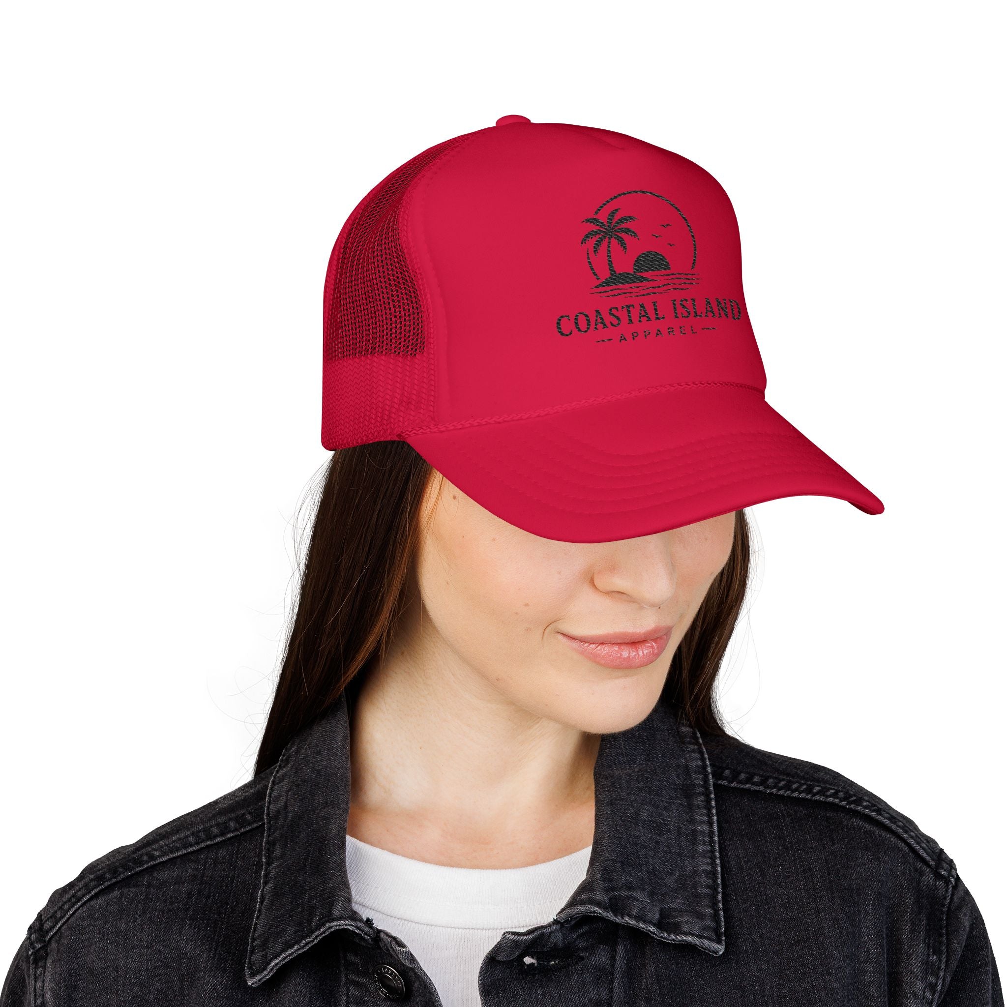 Coastal Island palm sunset Foam Trucker Hat | beach logo cap