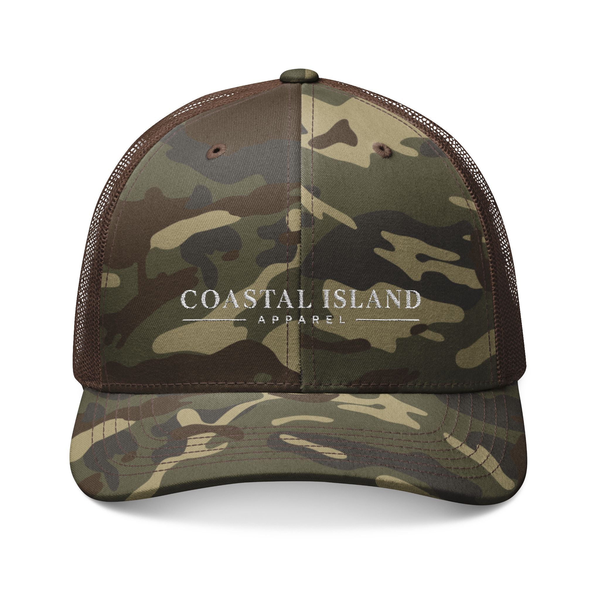 Camo Trucker Hat — Embroidered "Coastal Island" Mesh Back Cap
