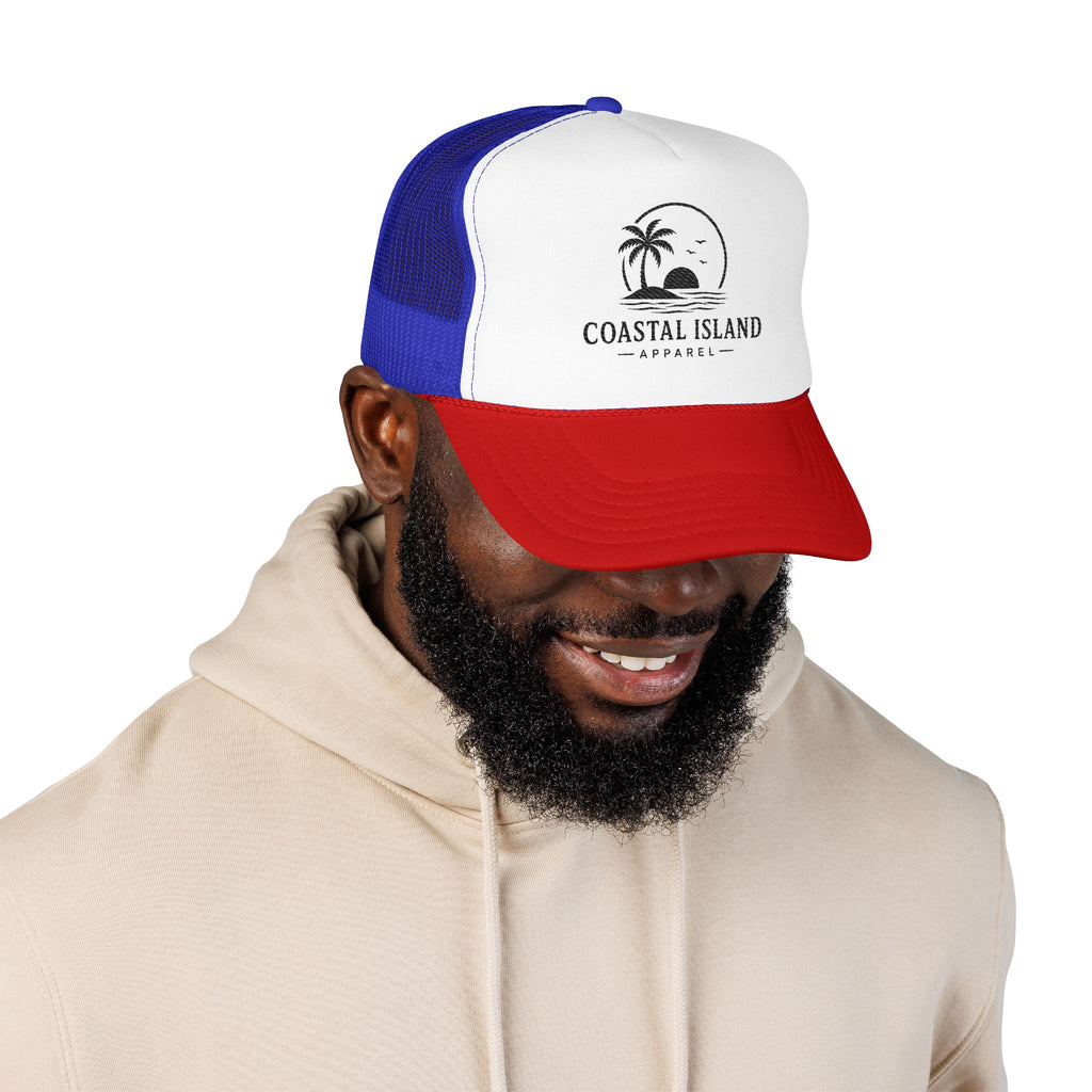 Coastal Island palm sunset Foam Trucker Hat | beach logo cap