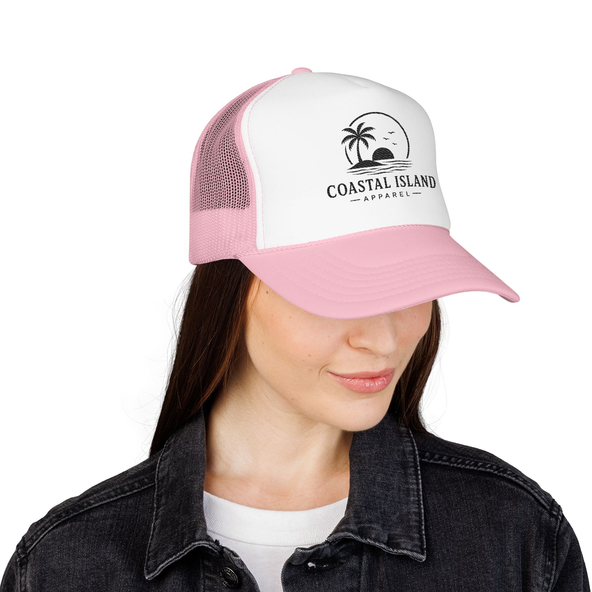 Coastal Island palm sunset Foam Trucker Hat | beach logo cap