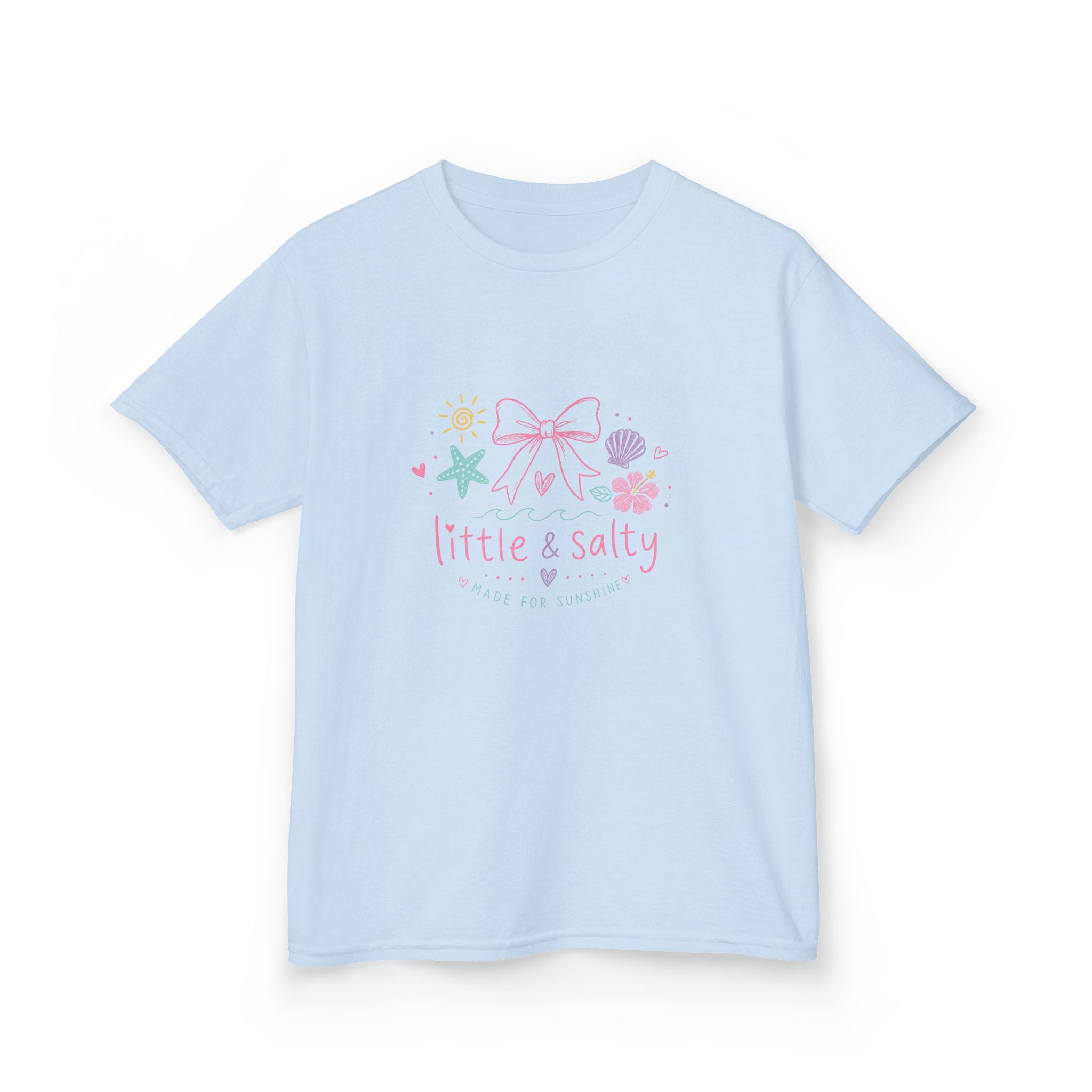 Girl's Tee — "Little & Salty" Pastel Seashells Graphic