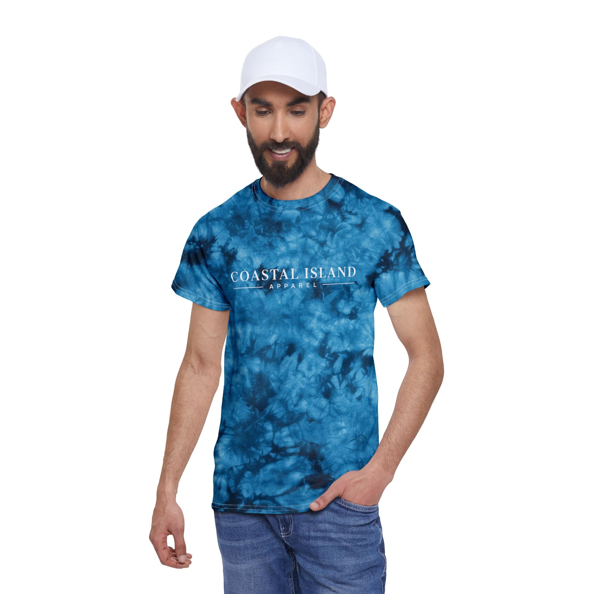 Coastal Island Crystal Tie-Dye Tee — Blue Marble Graphic T-Shirt