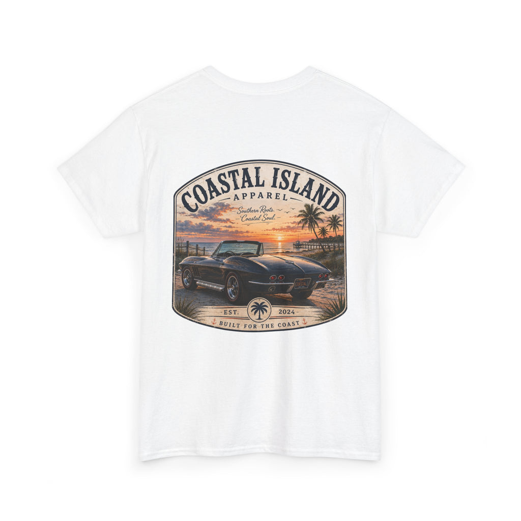 Coastal Island Vintage Car Sunset T-Shirt | Beach Palm Graphic Tee