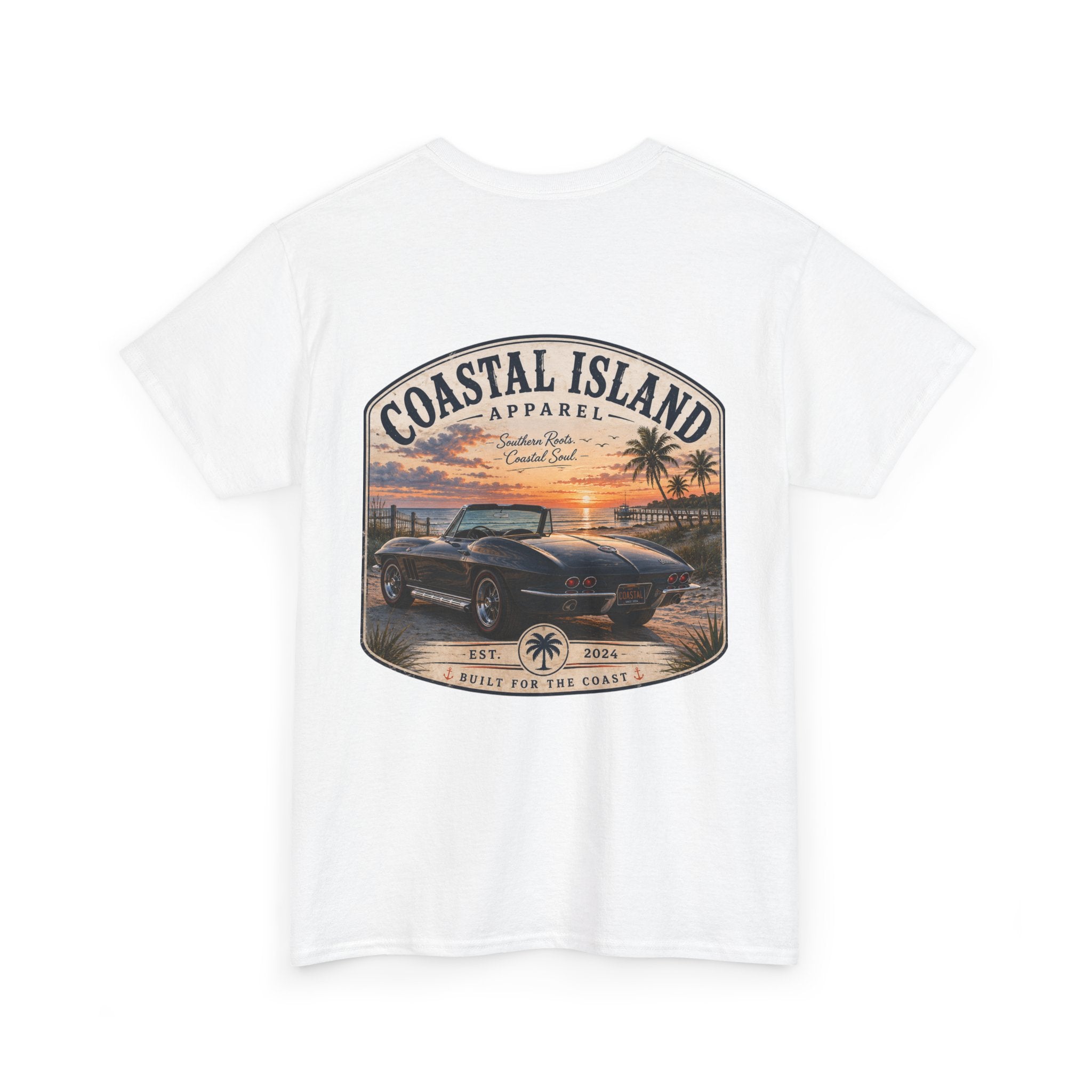 Coastal Island Vintage Car Sunset T-Shirt | Beach Palm Graphic Tee