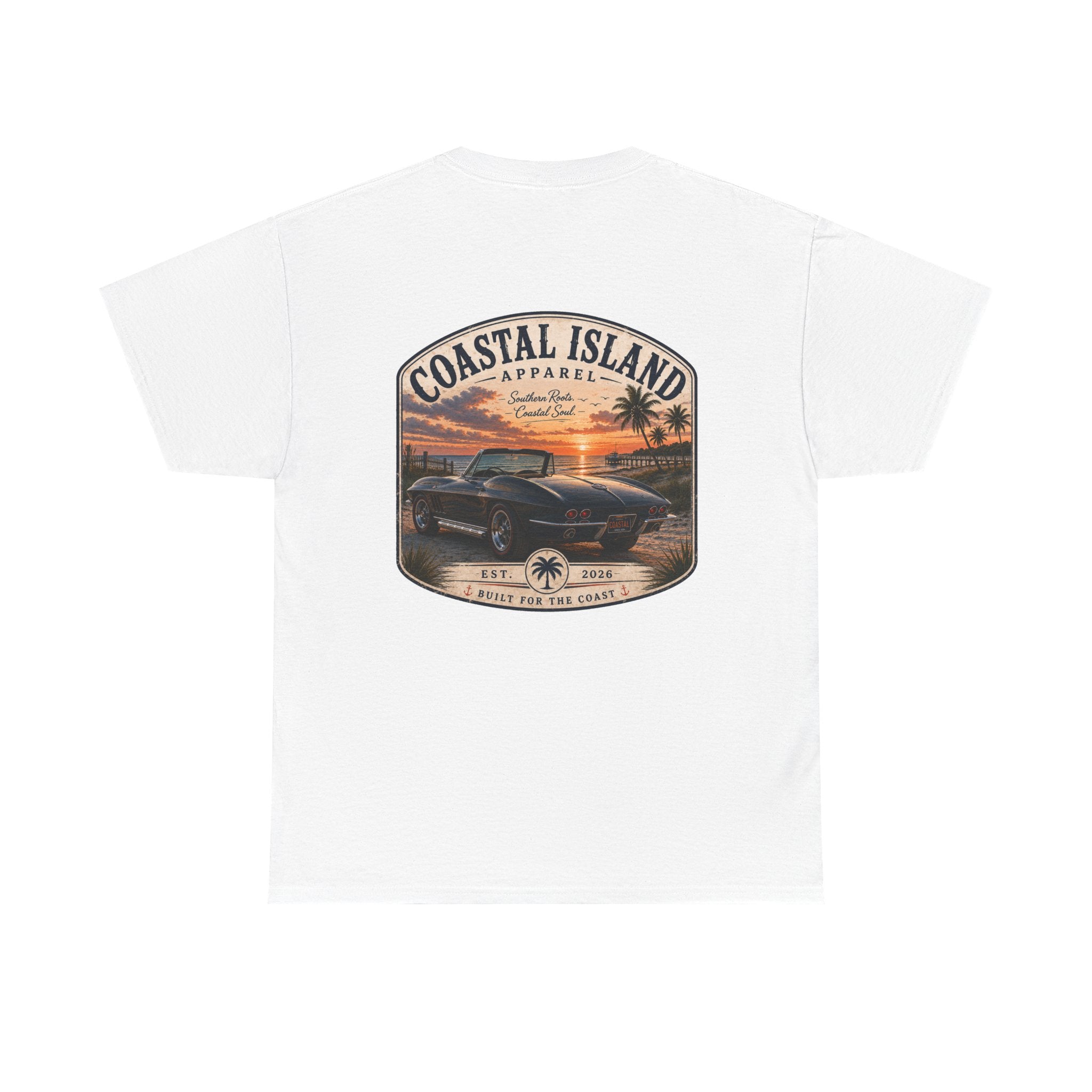 Coastal Island Vintage Car Sunset T-Shirt | Beach Palm Graphic Tee