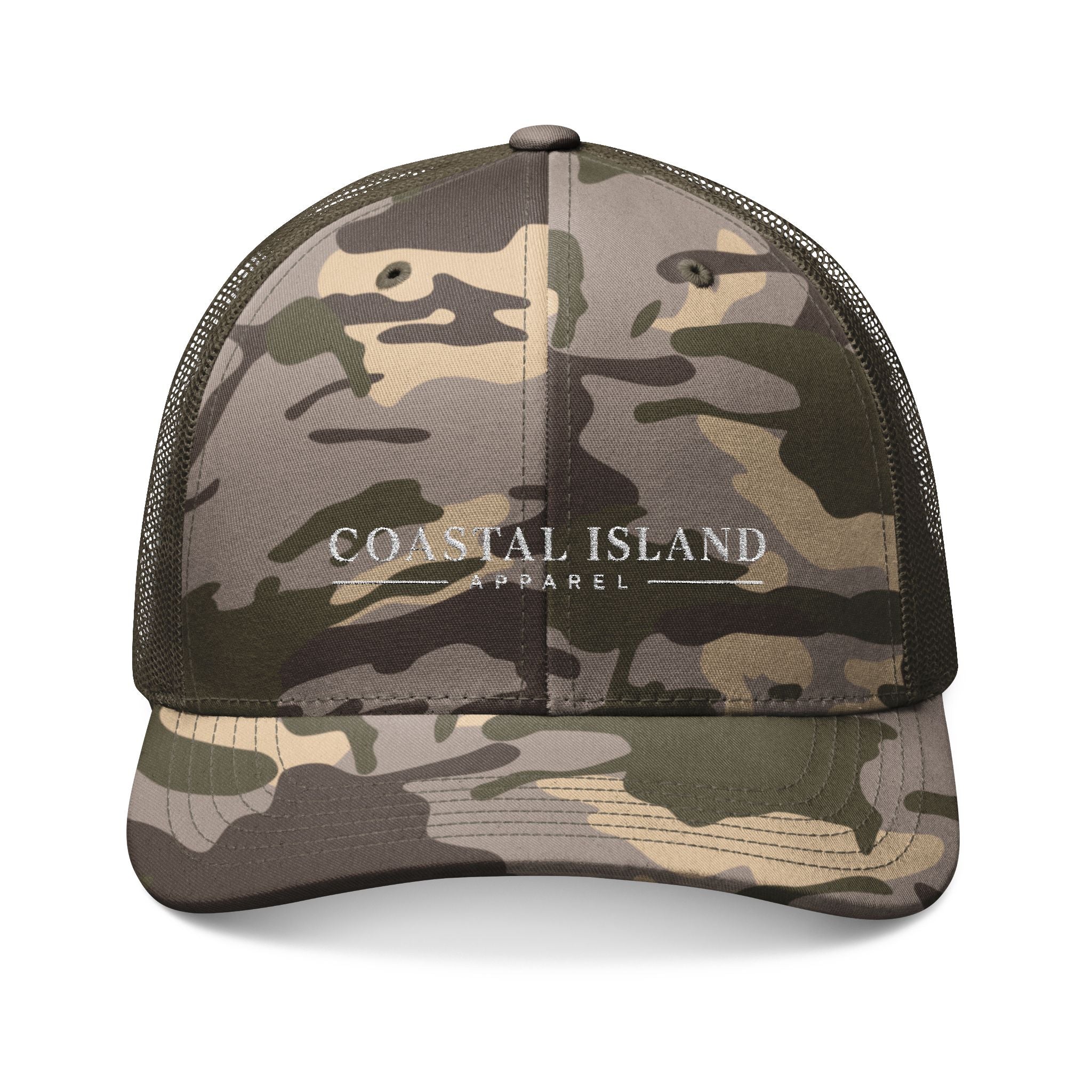 Camo Trucker Hat — Embroidered "Coastal Island" Mesh Back Cap